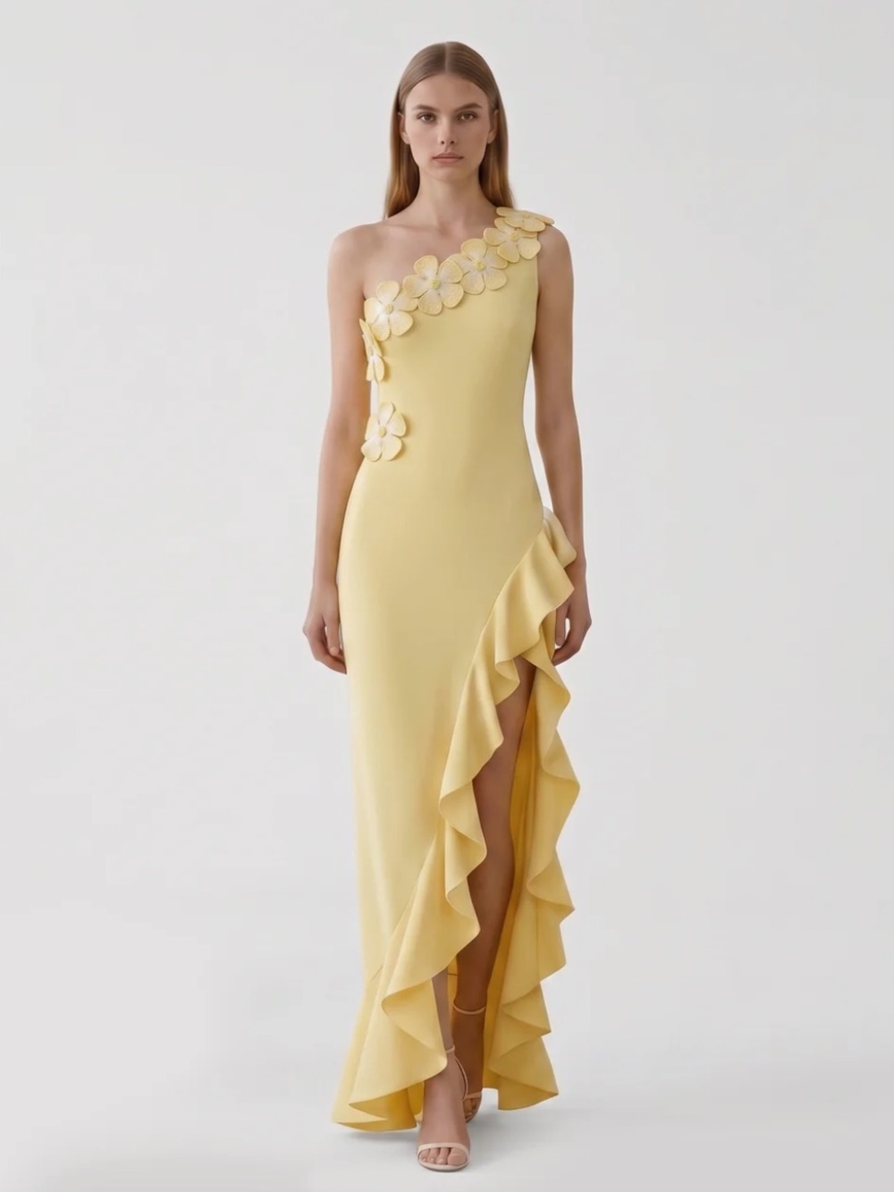JW PEI Pale Yellow One-Shoulder Ruffle Dress with Floral Appliqués